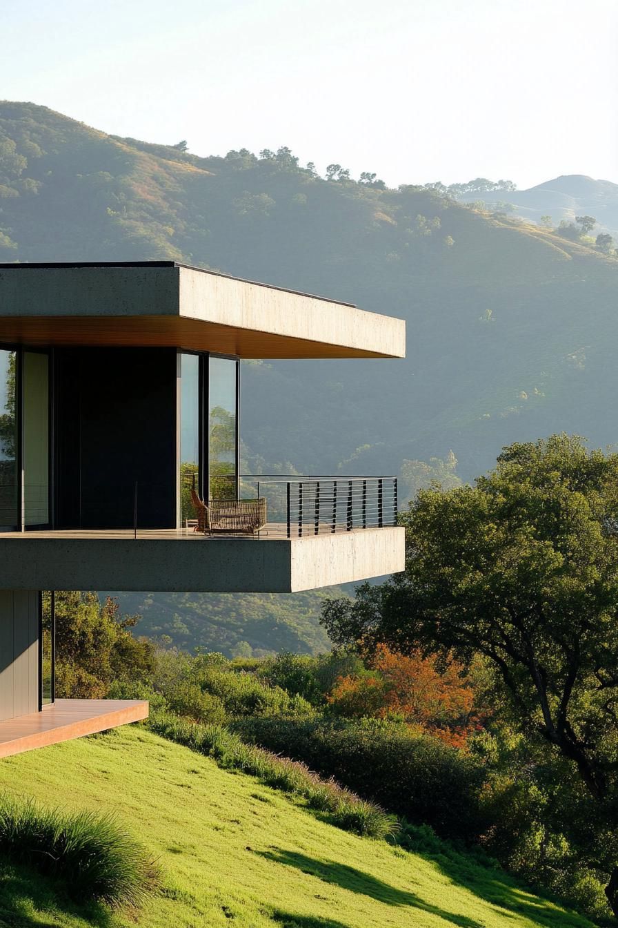 modern mountain cantilevered house geometric facade with infinity balcony overlooking green steep farmhouse hills 2