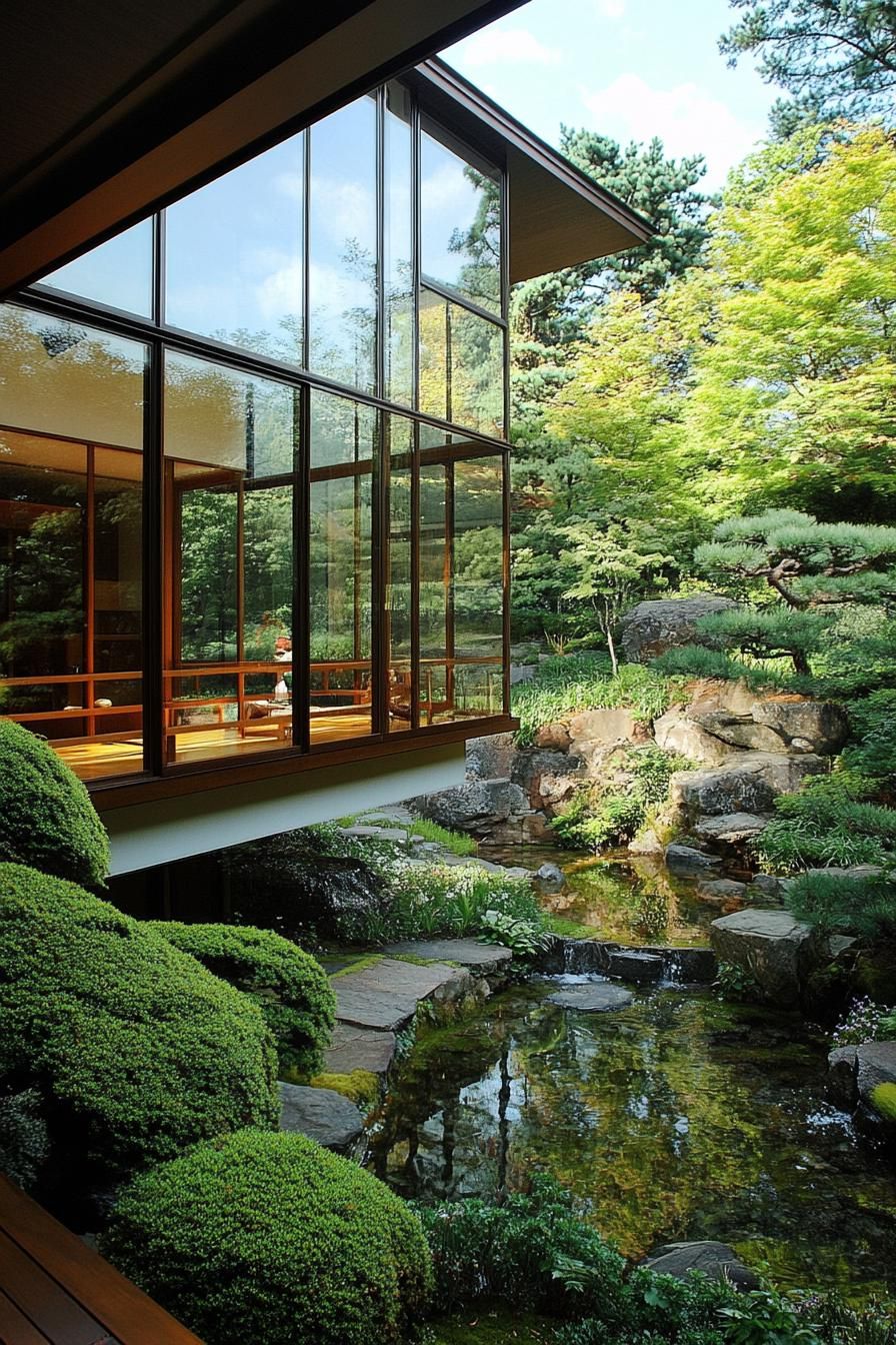 modern unique japanese style zen home zen garden with floor to ceiling windows and lush garden view 2