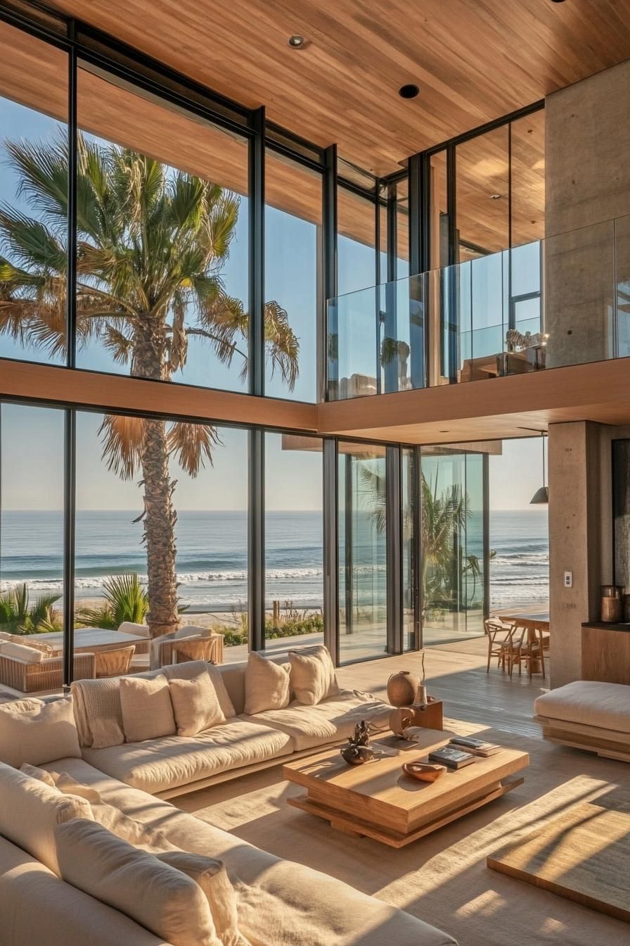 interior of a modern beach glass house. Spacious living area with floor to ceiling glass walls offering unobstructed views of the ocean. Clean 2