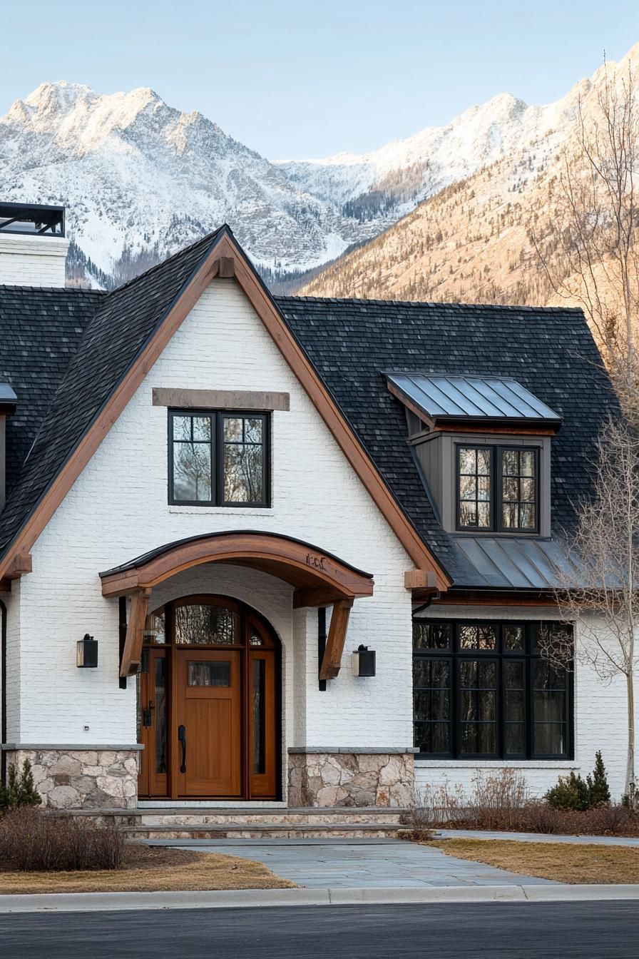modern cottage style mountain home with white brick facade modern brown wooden trim windows and door arched entryway black shingle roof imposing 3