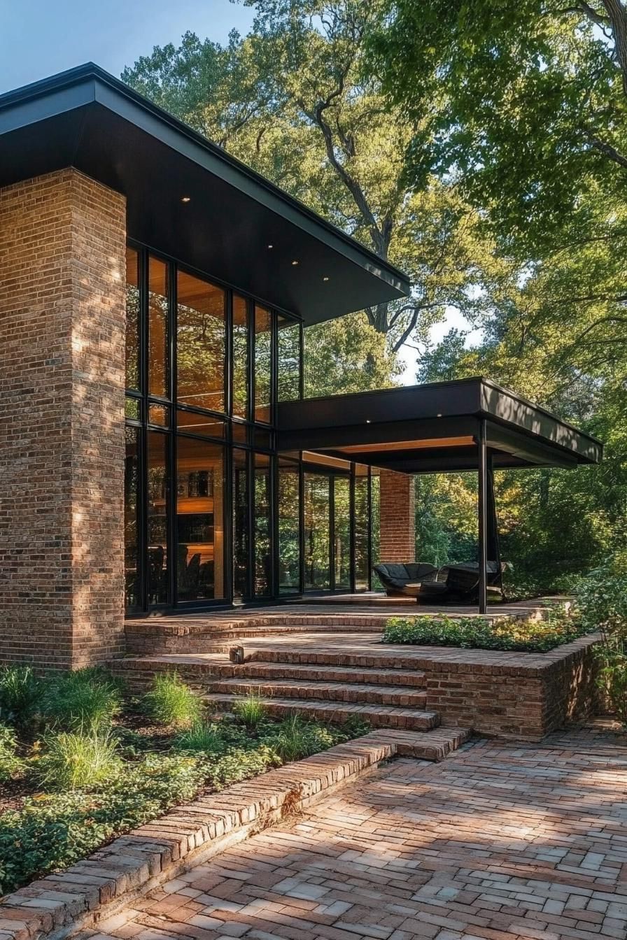 modern natural brick house with brick porch