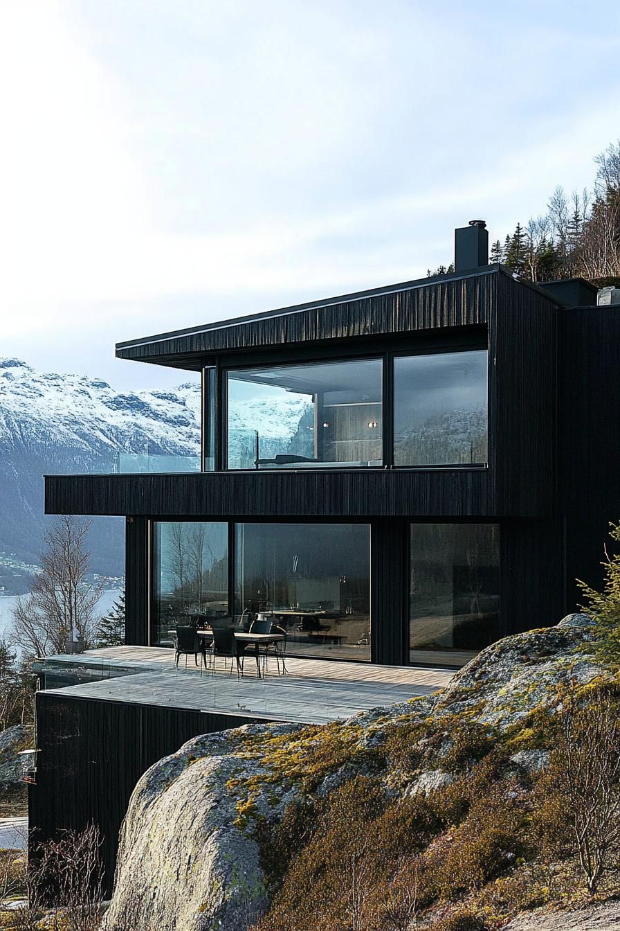 modern mountain house with charcoal stained wood facade and large glass windows stunning Norwegian fjord views 2