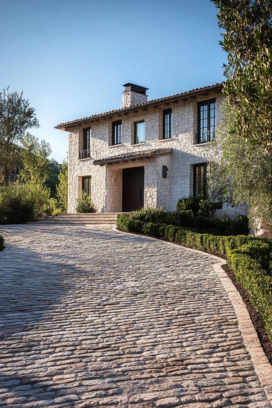 modern French mediterranean house cobblestone driveway 2
