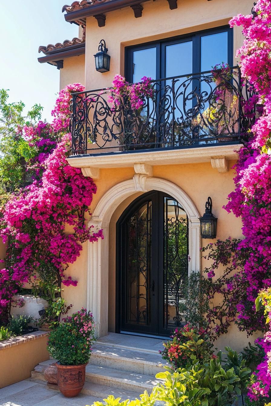 modern Tuscan mediterranean house facade with ornate wrought iron balconies with Bougainvillea climbers