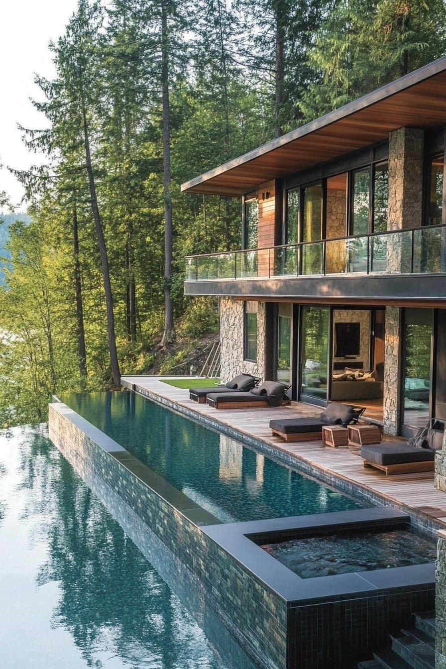 modern house with deck pool with submerged seating overlooking lake and trees in the background 3