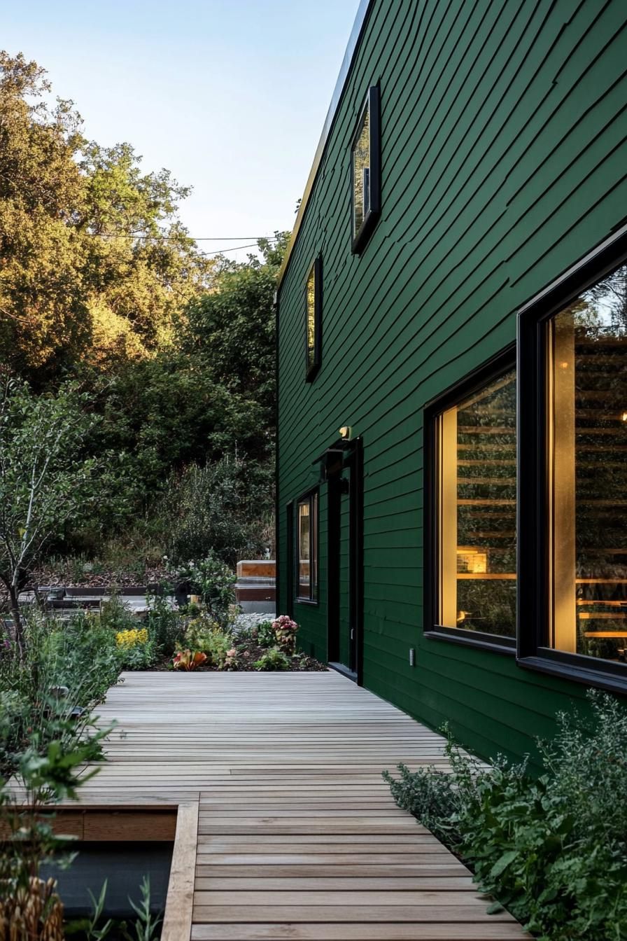 modern rainwater harvest house design with dark green cladding