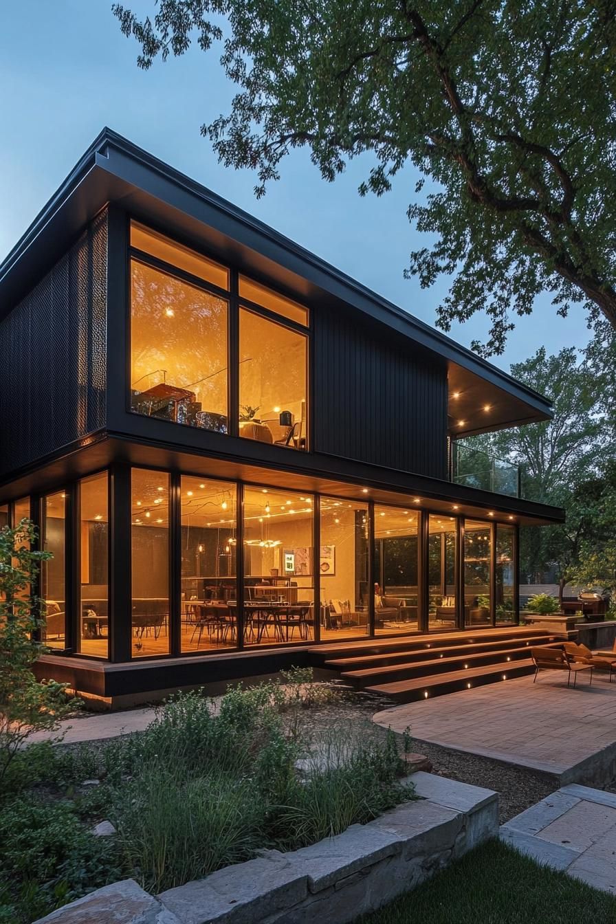 mid century modern black house black metal mesh facade with LED lighting 3