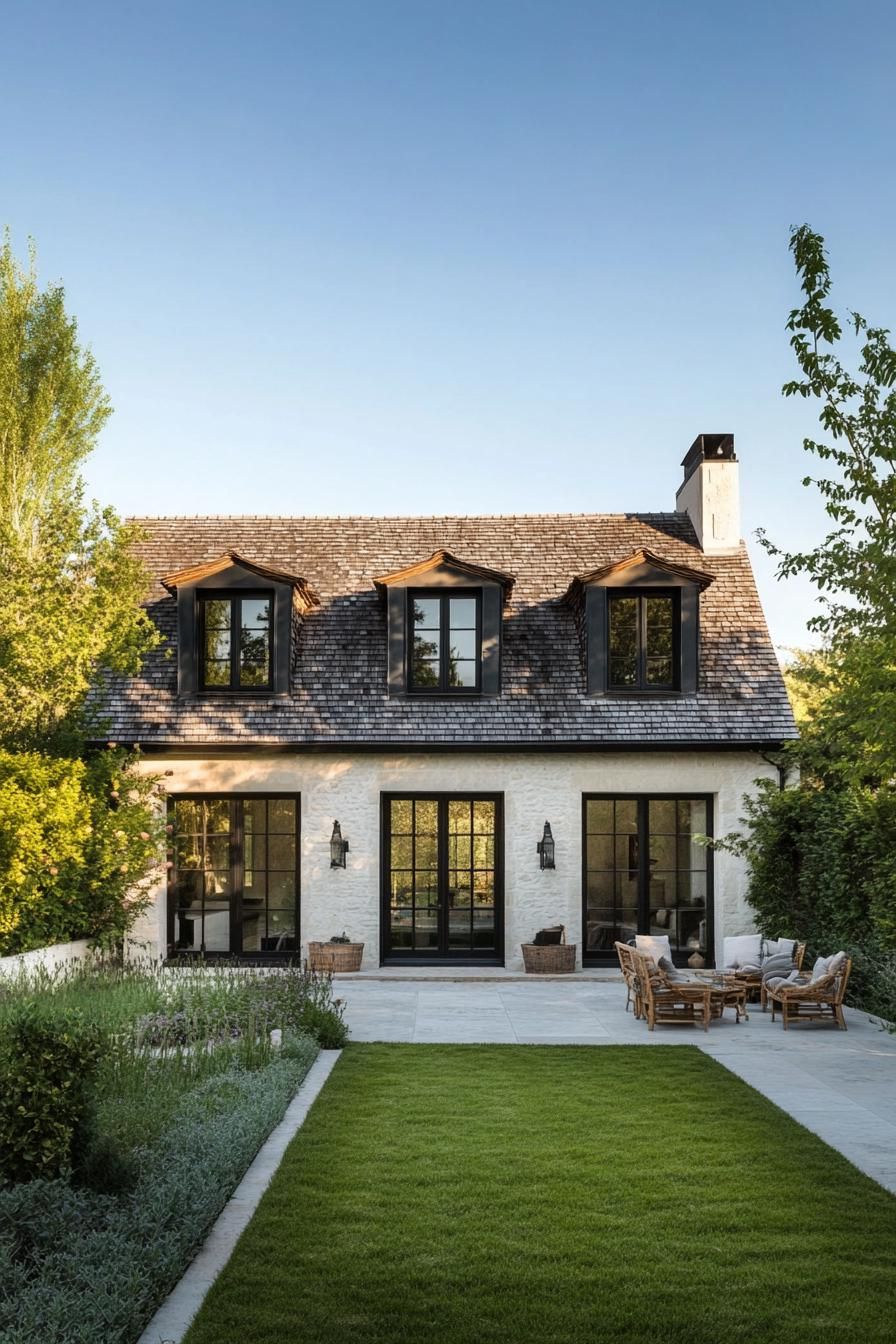 modern French country house with gabled roof and zin detailing French garden yard 2