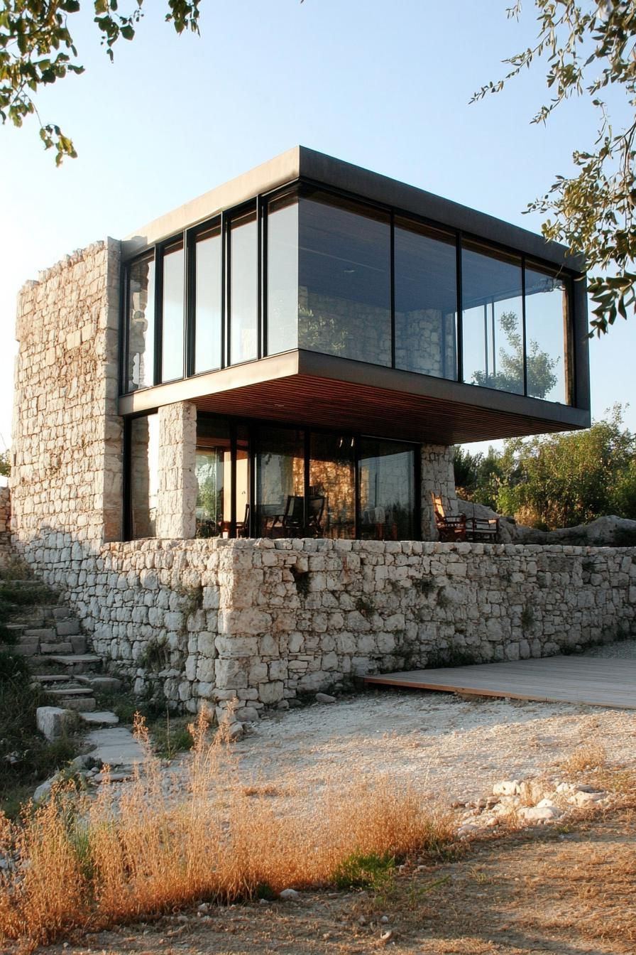modern house built on ancient greek house ruins old walls visible enclosed in glass modern windows and roof 3