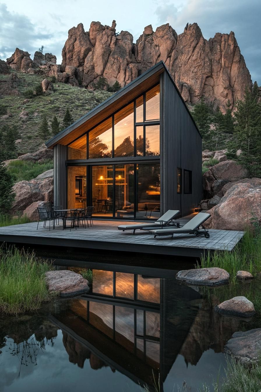 A modern cabin nestled in a rocky mountain landscape. The house features a steep gable roof and is constructed from vertically oriented grey wooden 3