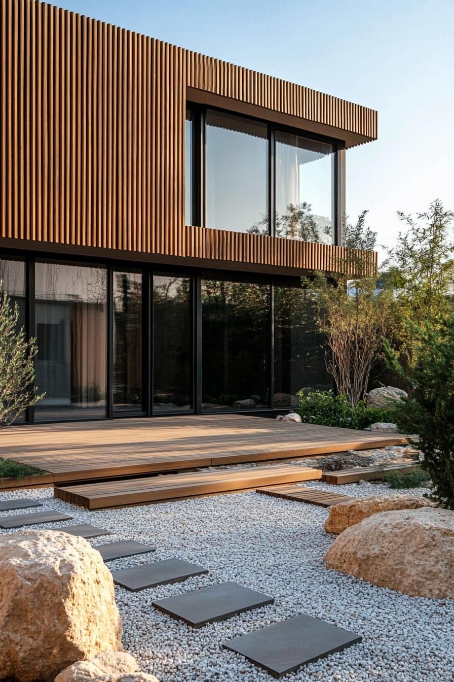 modern minimalist wooden house facade with vertical slats front zen garden with gravel paths 3