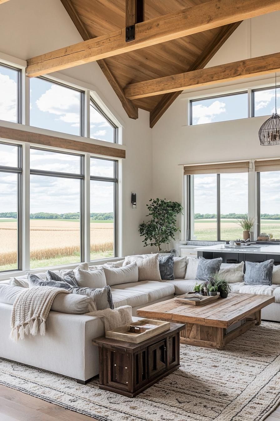 modern farmhouse L shaped living room with high ceiling and exposed wooden beams large windows overlooking stunning wheat fields 2