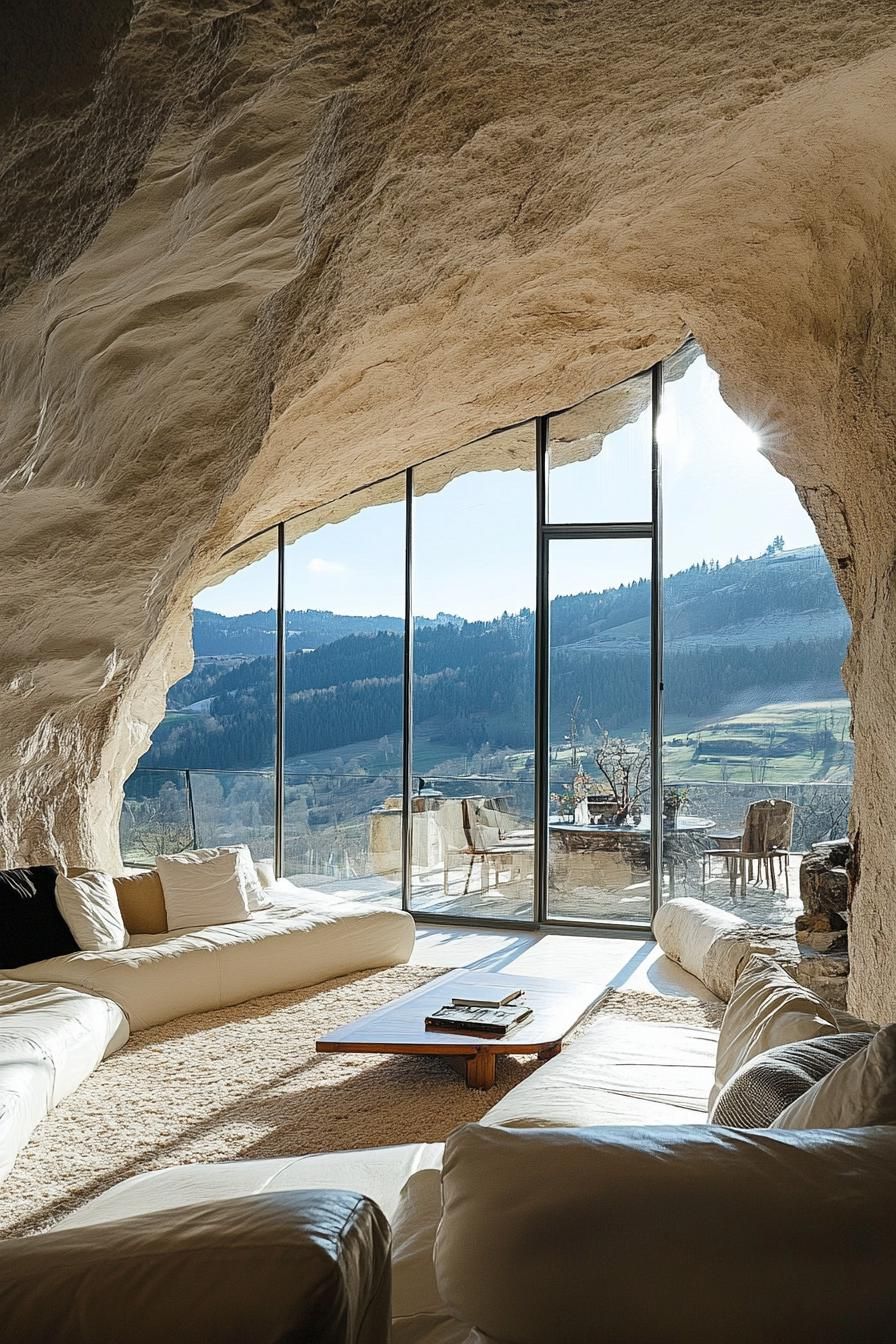 modern cave house inside a cliff glass facade overlooking stunning alpine landscape 3