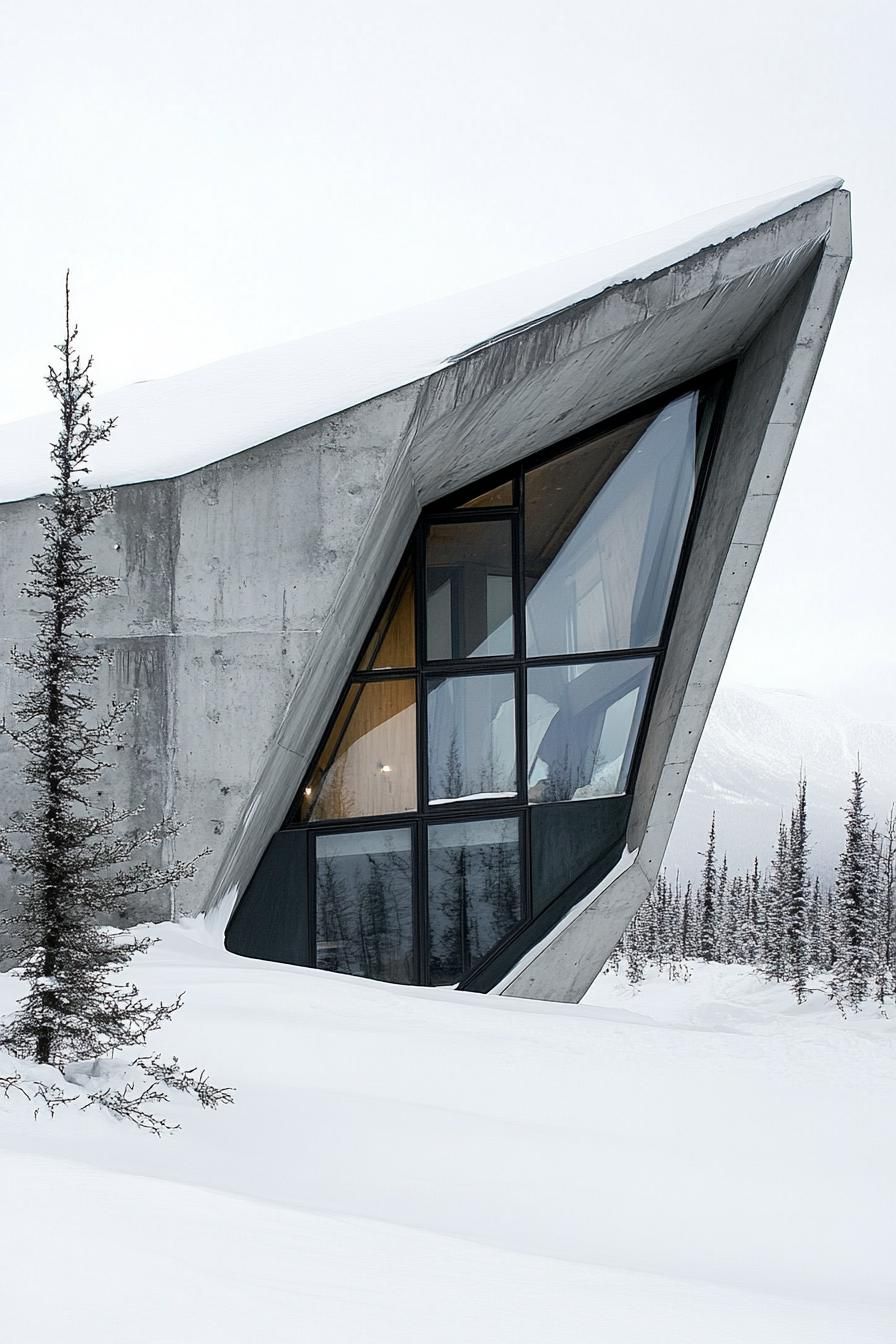 modern steel and concrete mountain house with geometric facade and snow roof in breath taking Alaskan mountains 3