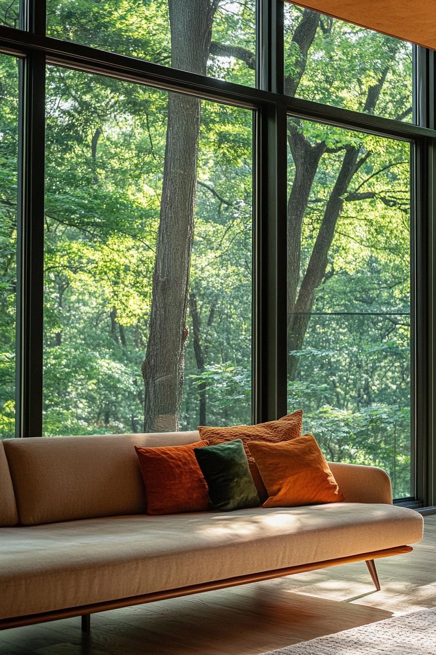 mid century modern house interior low profile sofa lounge with large windows overlooking a lush forest 2