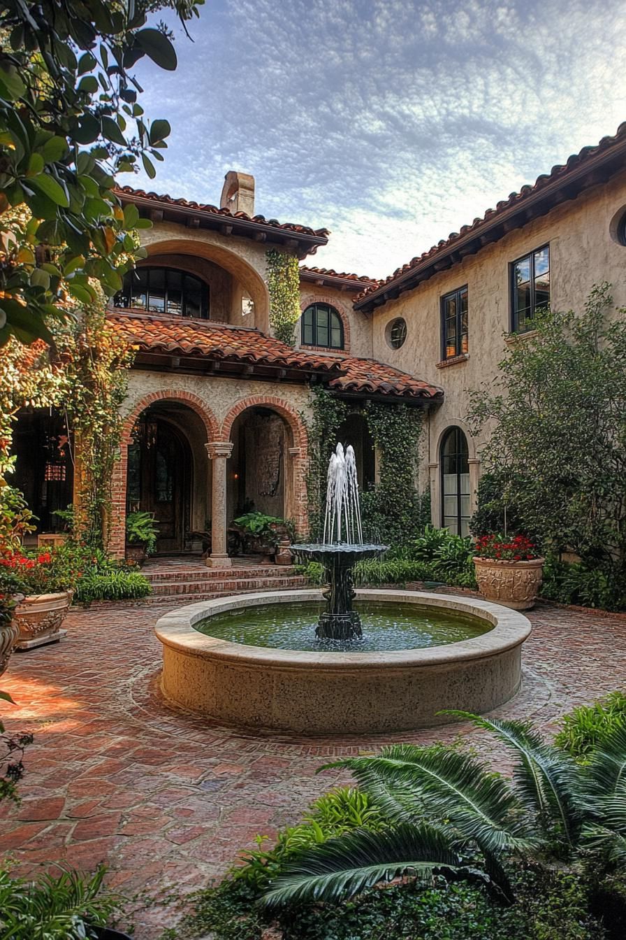 mediterranean revival architecture home central courtyard with a fountain