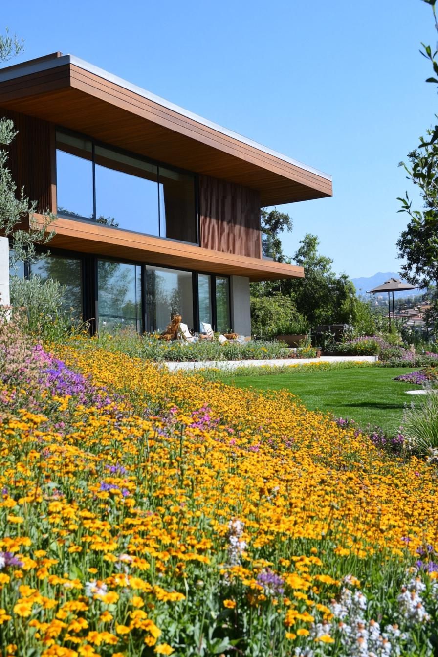 modern house yard with wildflower lawn