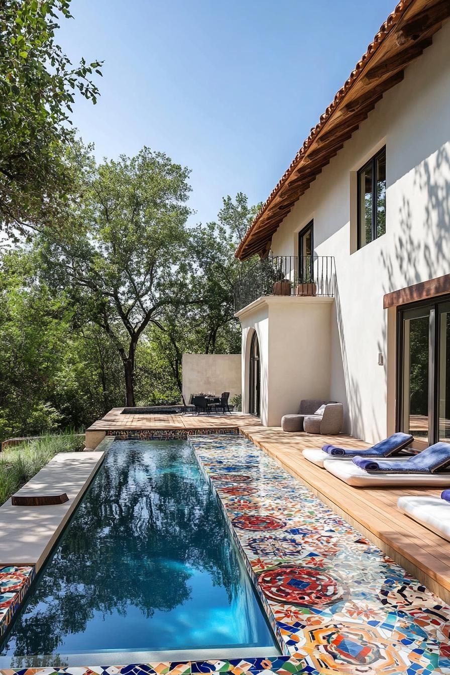 modern house backyard poolside deck with colorful mosaic tiles mediterranean landscape