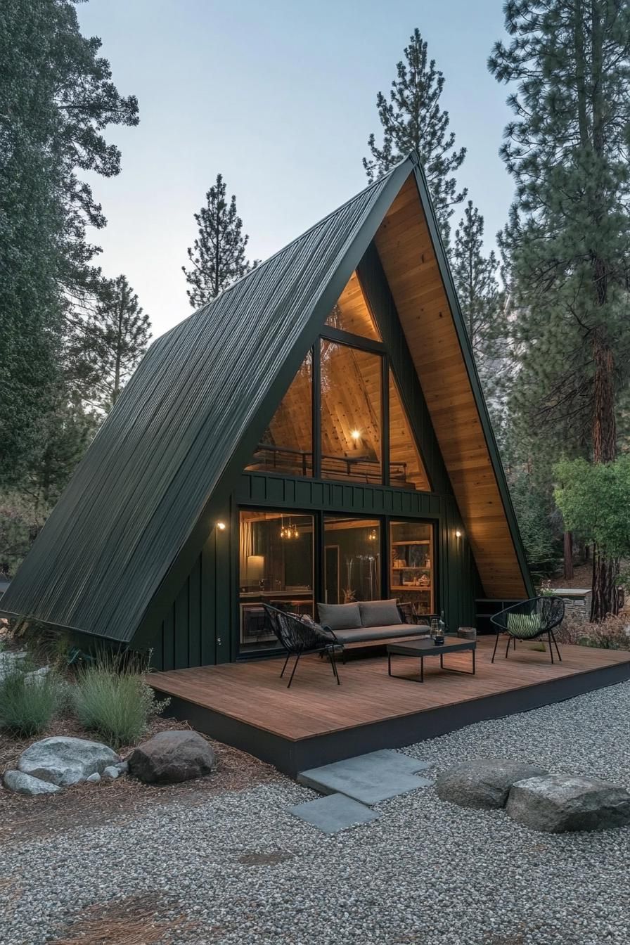 modern dark green a frame cabin with large eaves in natural wood eaves provide cover for a small seating area yard in fine gravel forest in the