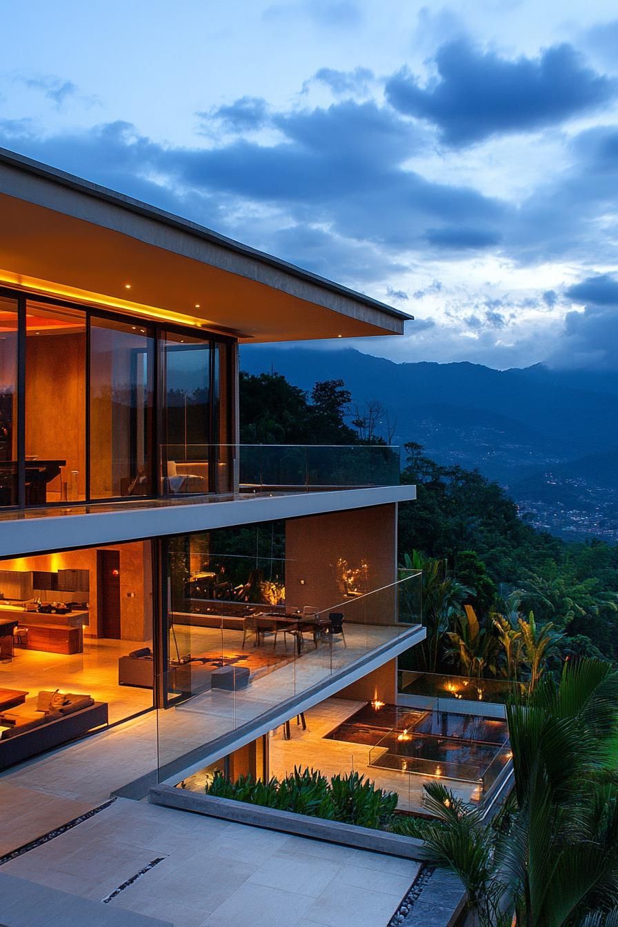 modern house on a slope with glass wall living space and tropical mountain views 3