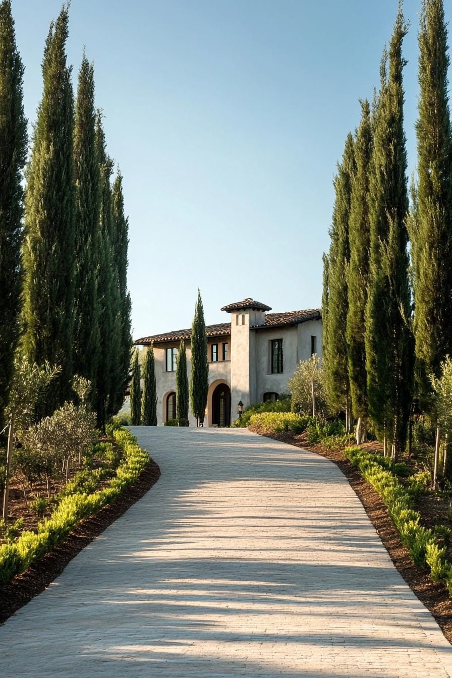 Cypress-lined Driveway Leading to a Hilltop Manor