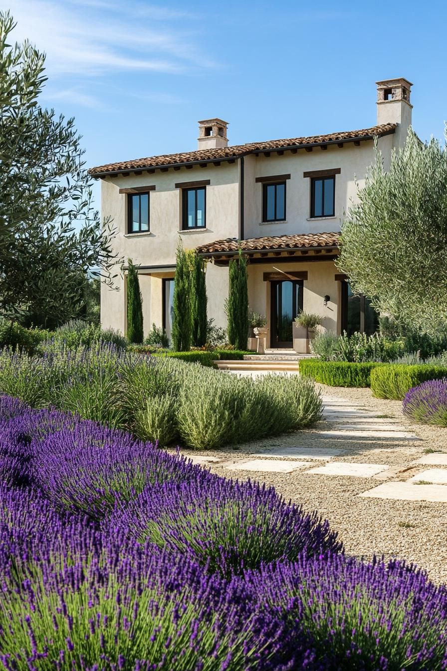 modern Italian mediterranean house frontyard veggie garden with lavender lining and olive trees 2