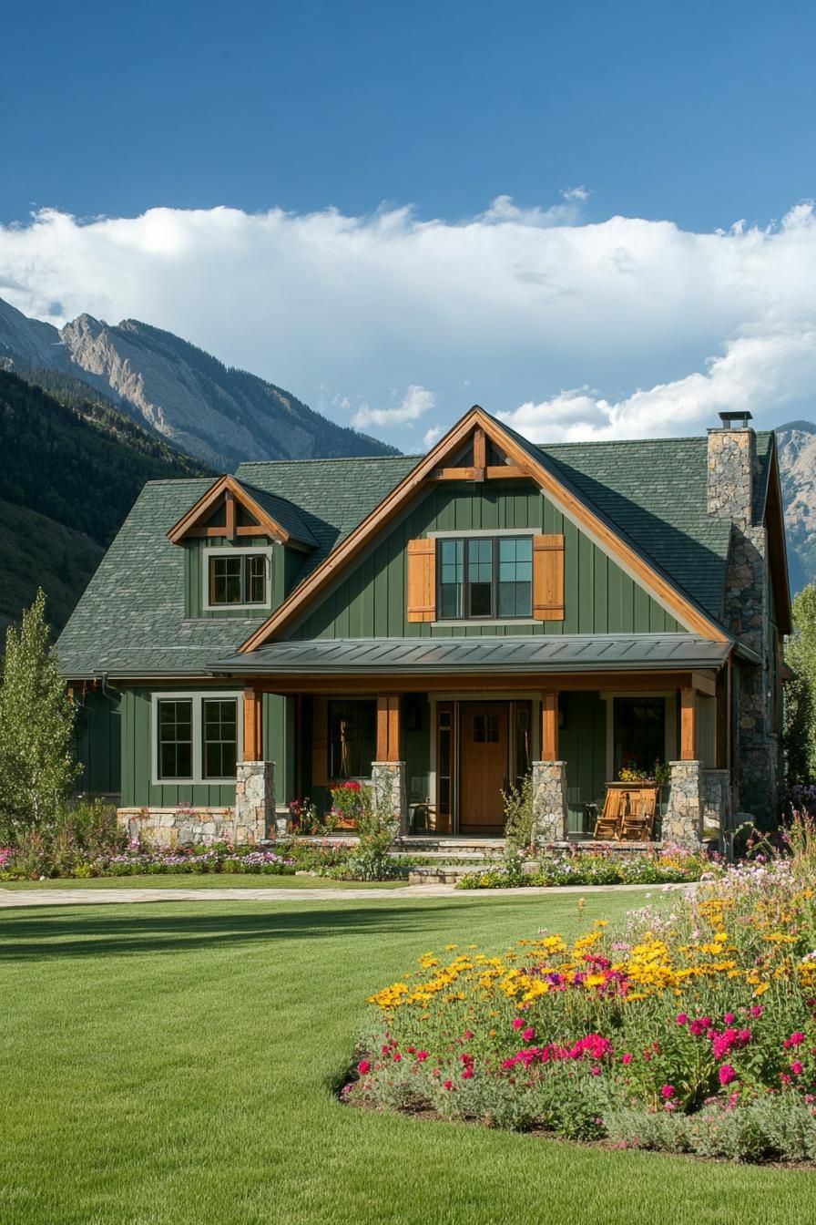 front view of a cottage style mountain house with shy green board and batten siding natural stone foundation porch with wooden columns multiple 3