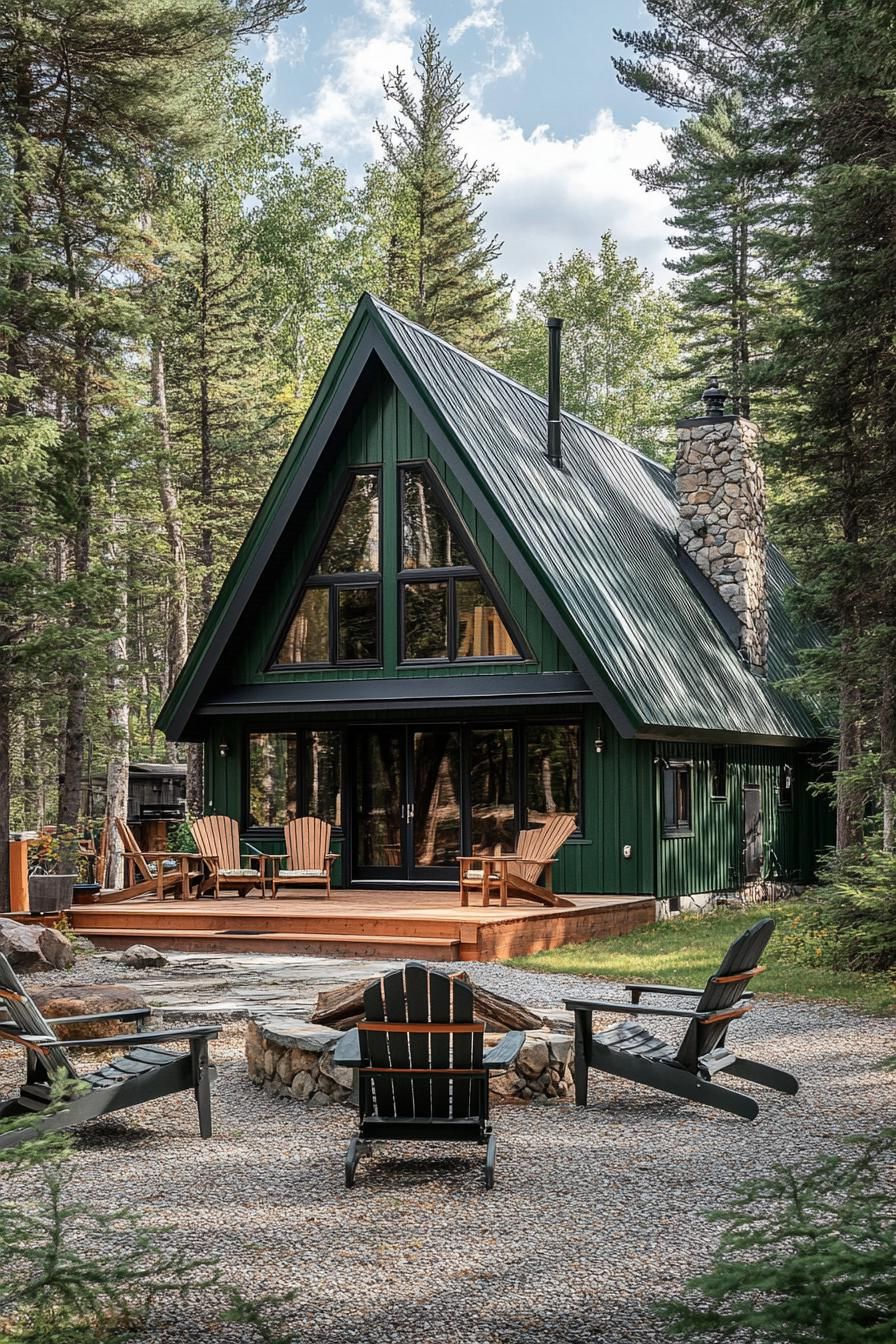 large a frame forest cabin in forest green siding metal roof dark stained wood trim large windows small wooden deck fine gravel yard with a
