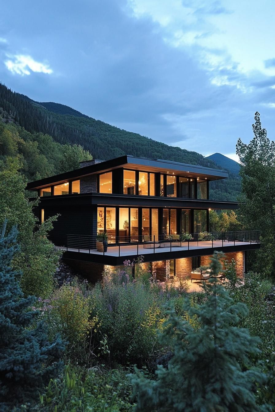 modern house on a slope with cantilevered deck and lush mountain views