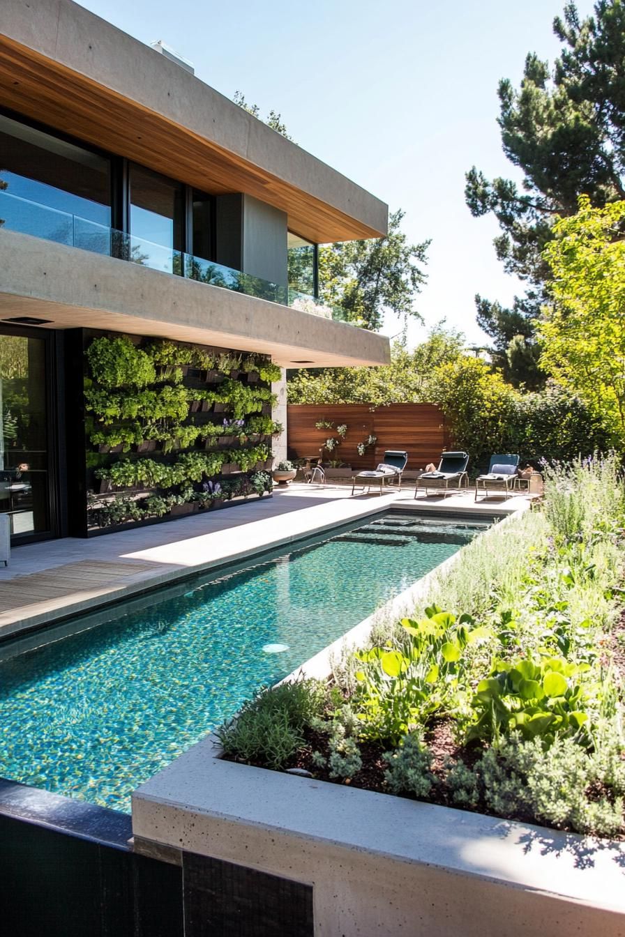 modern house backyard pool landscape with vertical herb garden