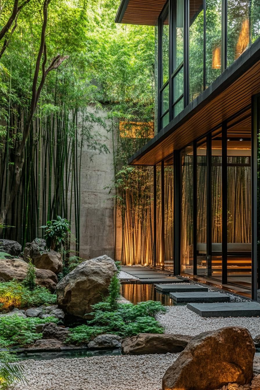 modern house zen garden with lush bamboo forest views
