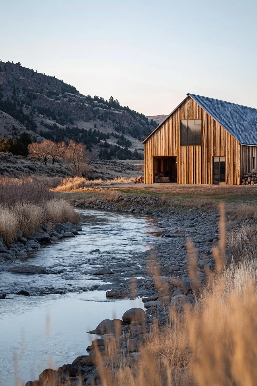 modern wooden barn style ranch house by a rocky river hills in the backdrop 3