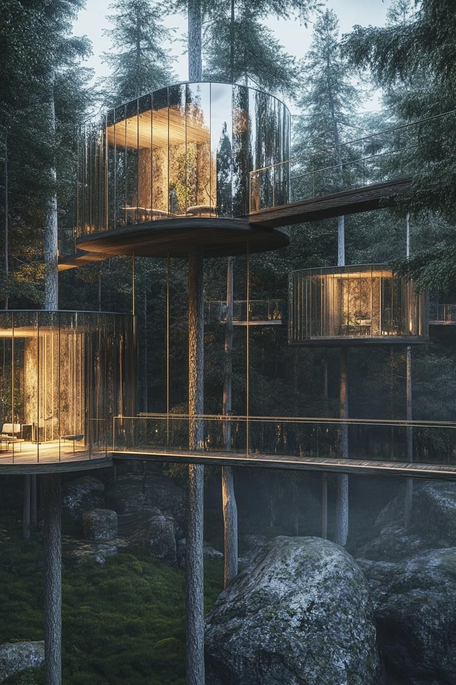 modern glass treehouse village with several cabins connected with suspended bridges between high trees 2