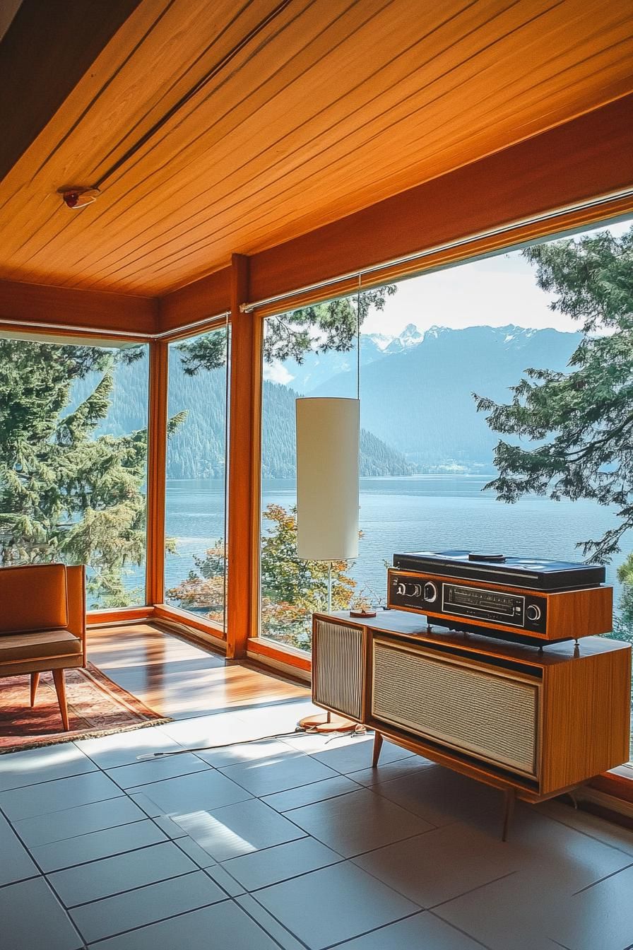 mid century modern house interior with vintage radio and record player displayed and large windows overlooking a stunning mountain lake 2