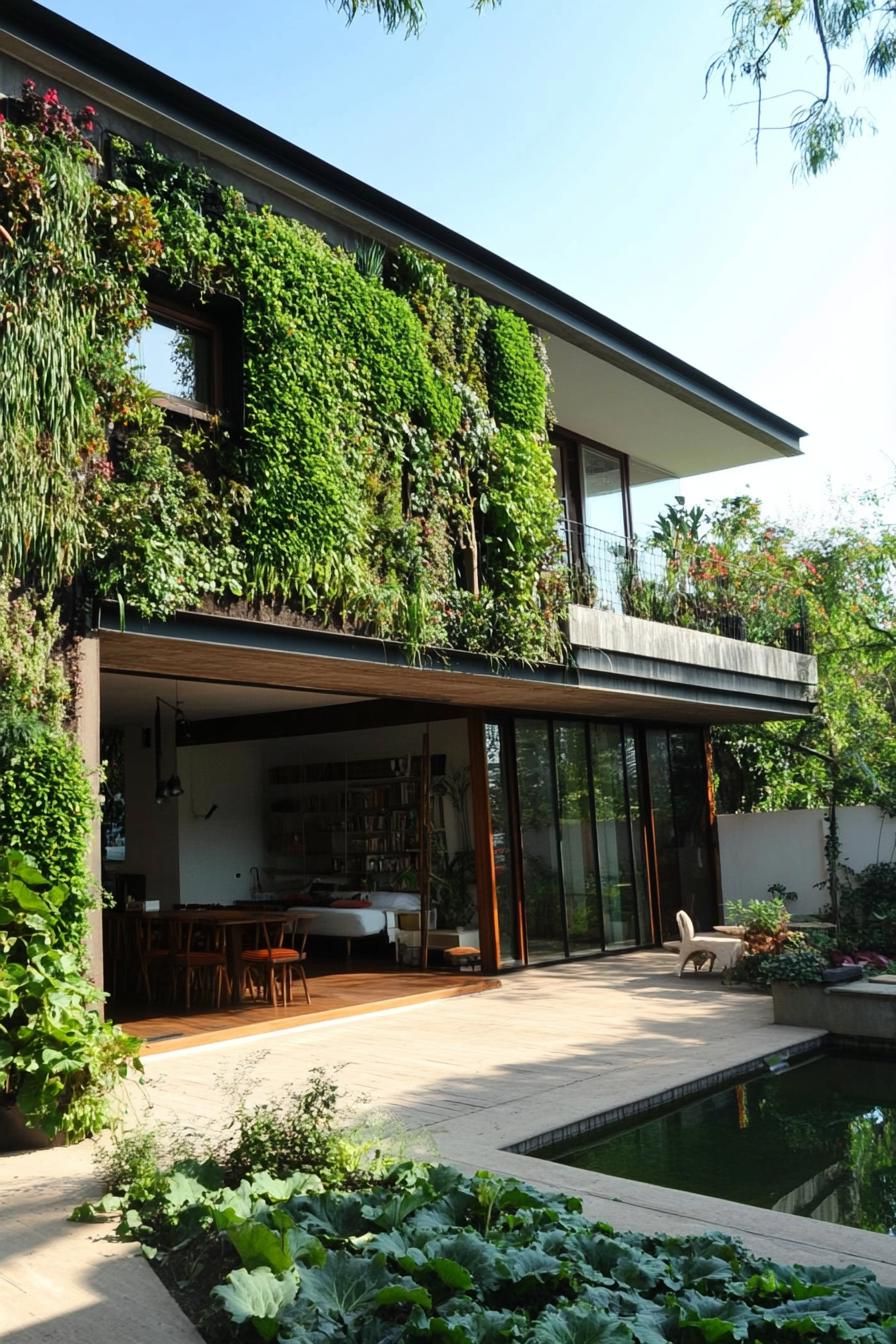 modern house with green living walls on a farm with veggie gardens 3