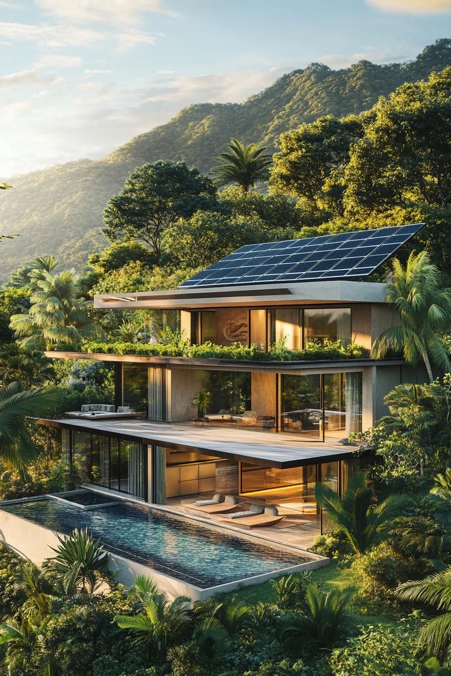 modern villa with integrated solar panel roof sunny tropical mountains 3