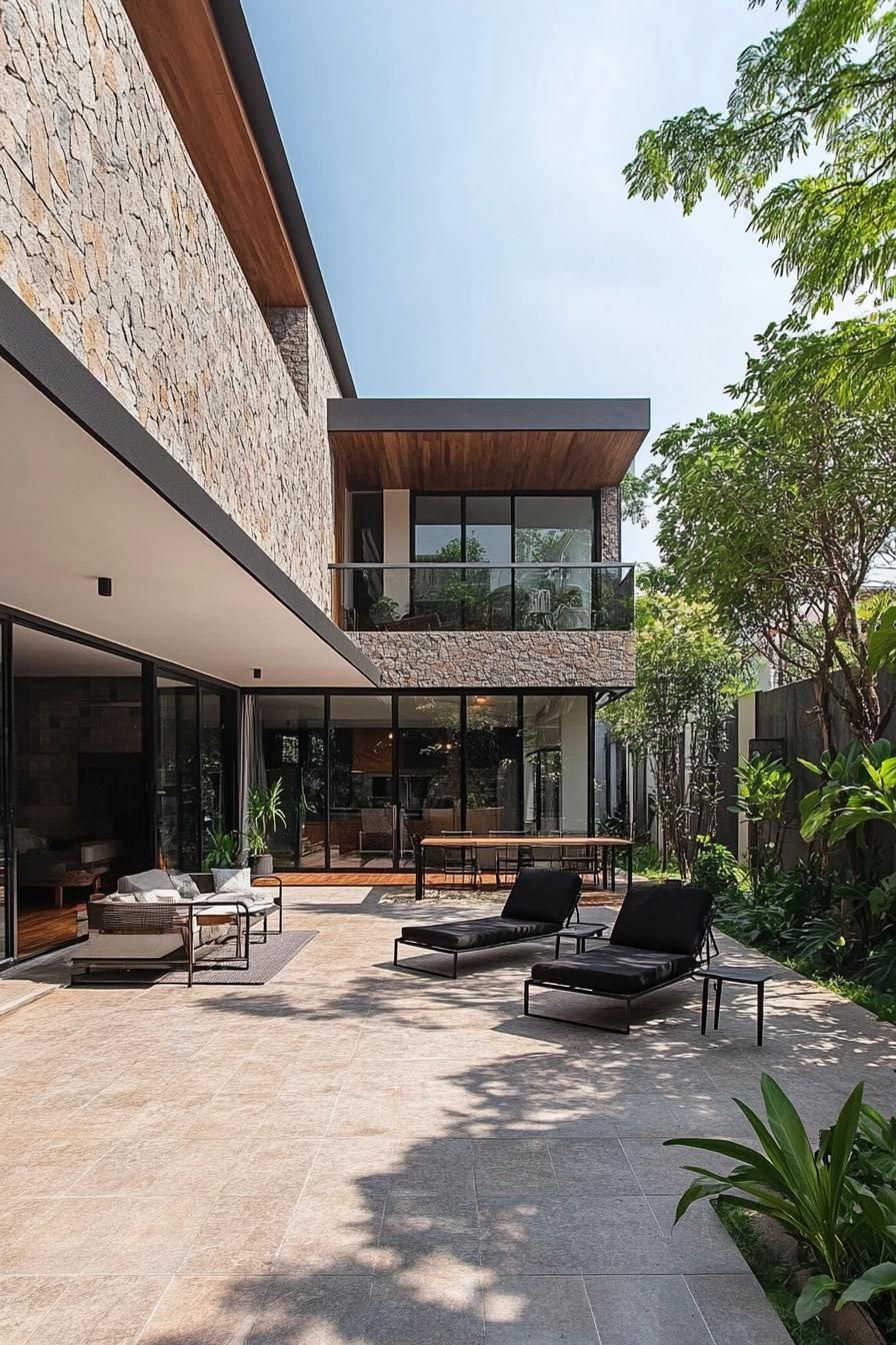 modern industrial house courtyard with minimalist outdoor furniture