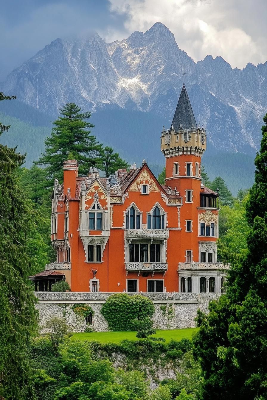 luxury castle villa with bright colored facade imposing high mountain in the background with surrounding green forest 2