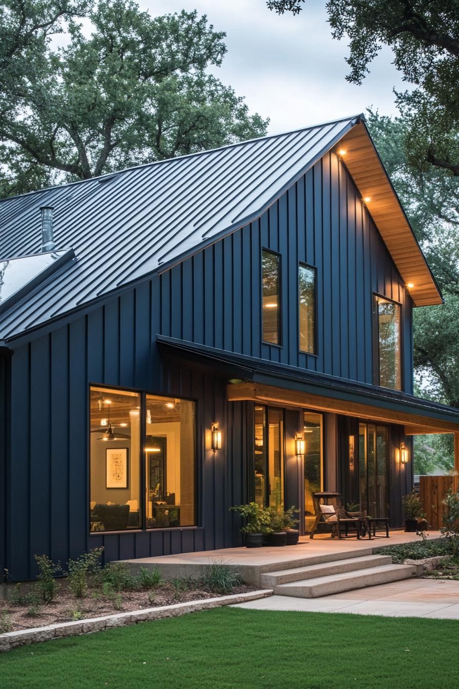 modern barndominium house midnight blue facade with black corrugated metal roof 2