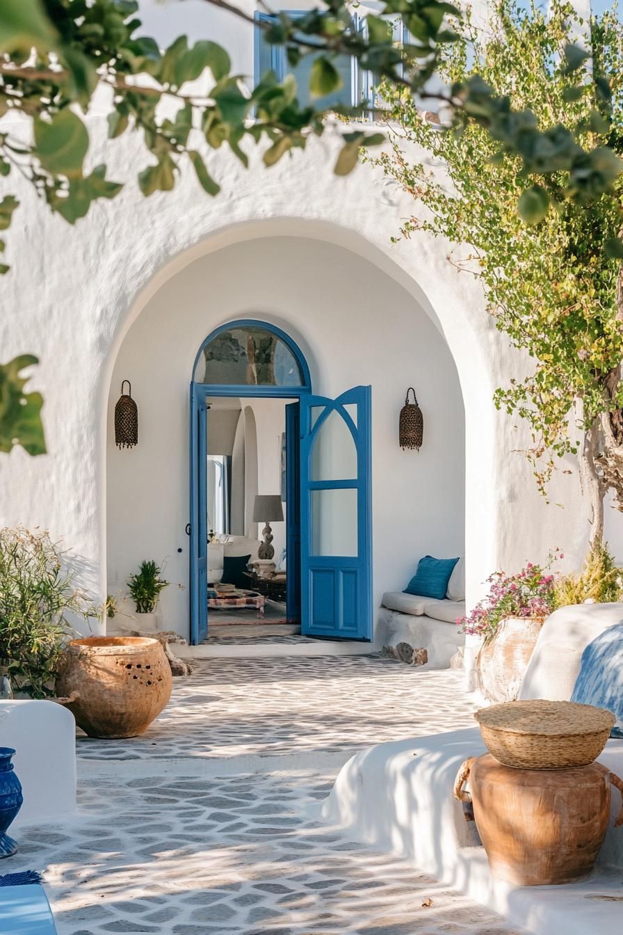 modern big stucco villa with blue accents in Santorini coast 2