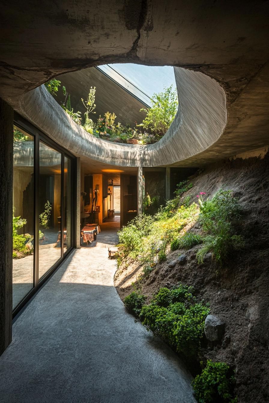 high angle view of an earth sheltered hillside house with inner courtyard and skylights 3