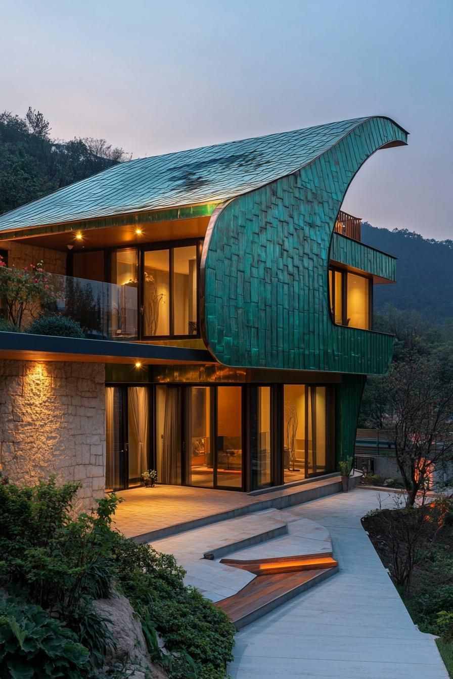 modern green metal cladded butterfly roof facade house