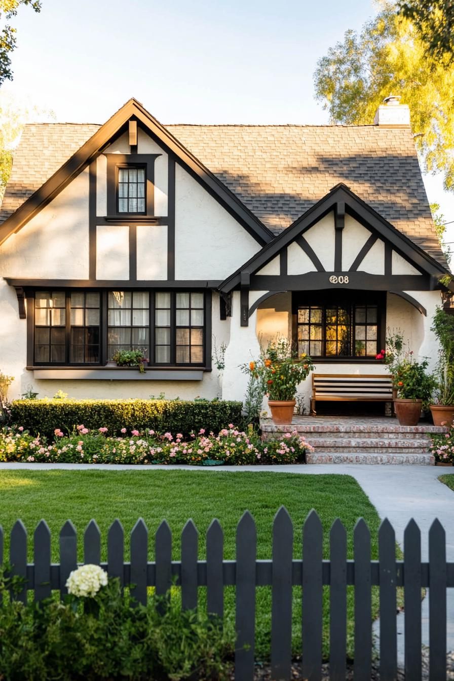 80s house modern exterior makover gable roof front porch with a bench flower pots green front yard lawn picket fence 3