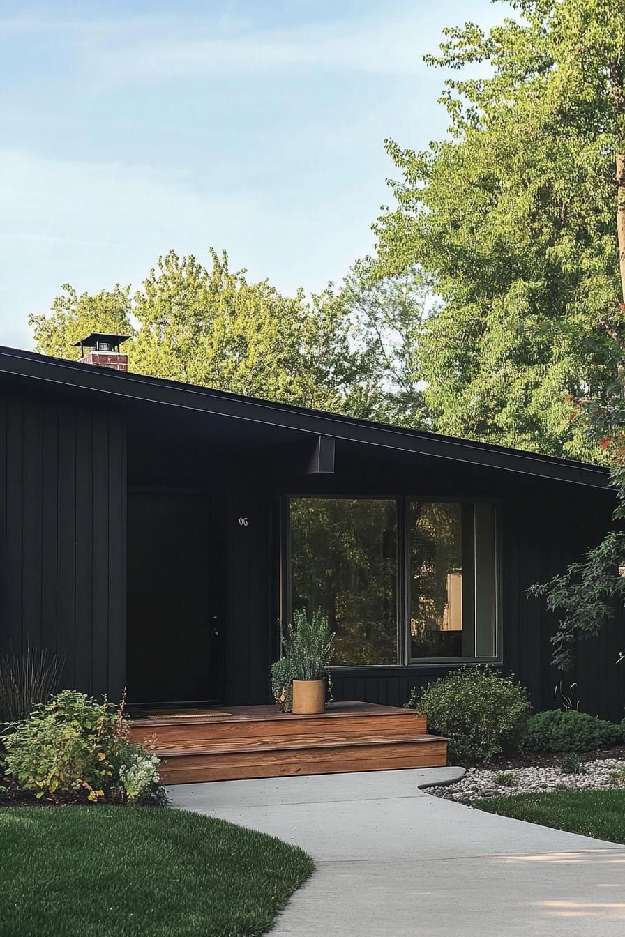 mid century modern black house facade with charcoal black siding
