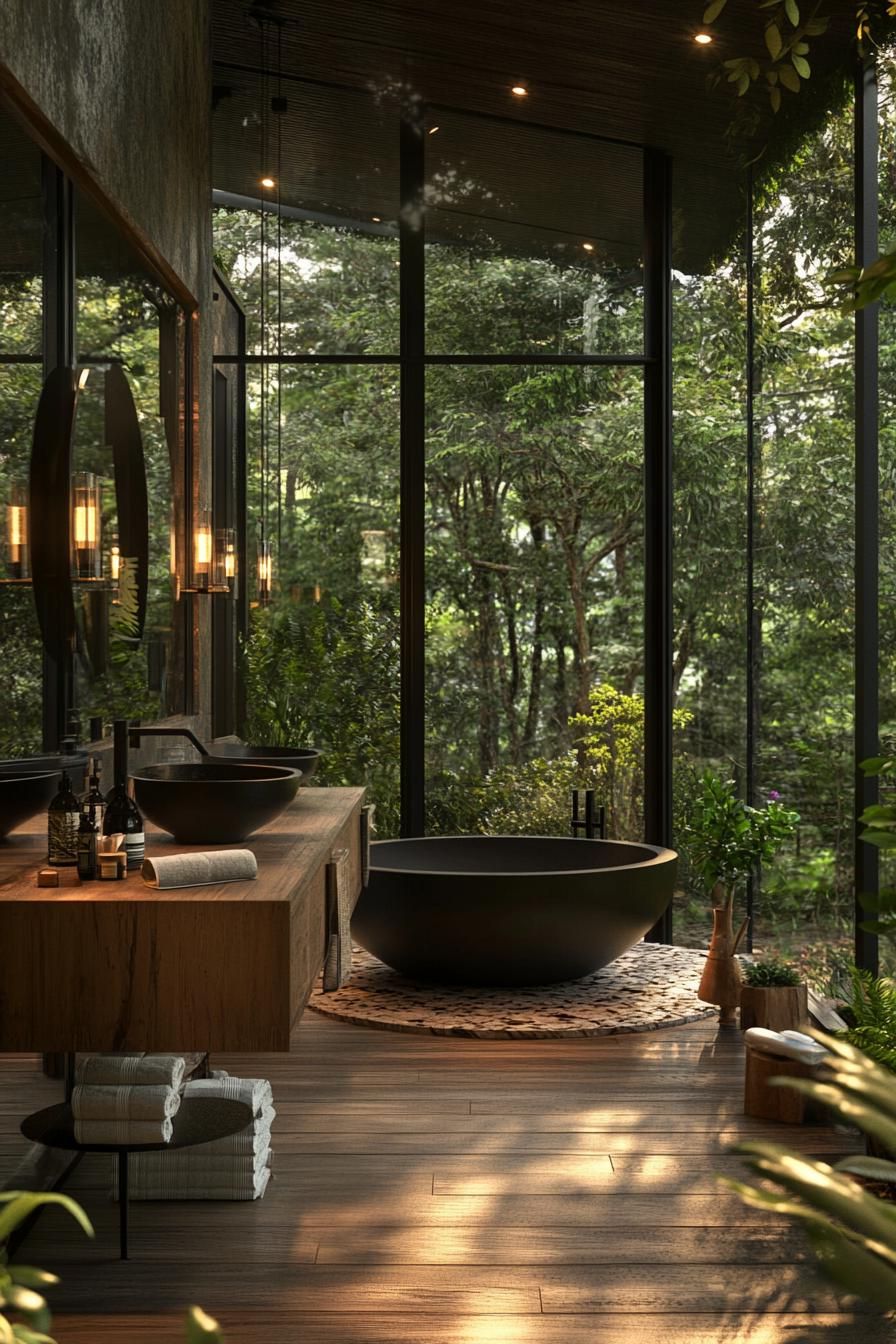 Interior of a modern glass house with Floor to ceiling glass walls offer expansive views of lush forest flora. A round black freestanding bathtub is