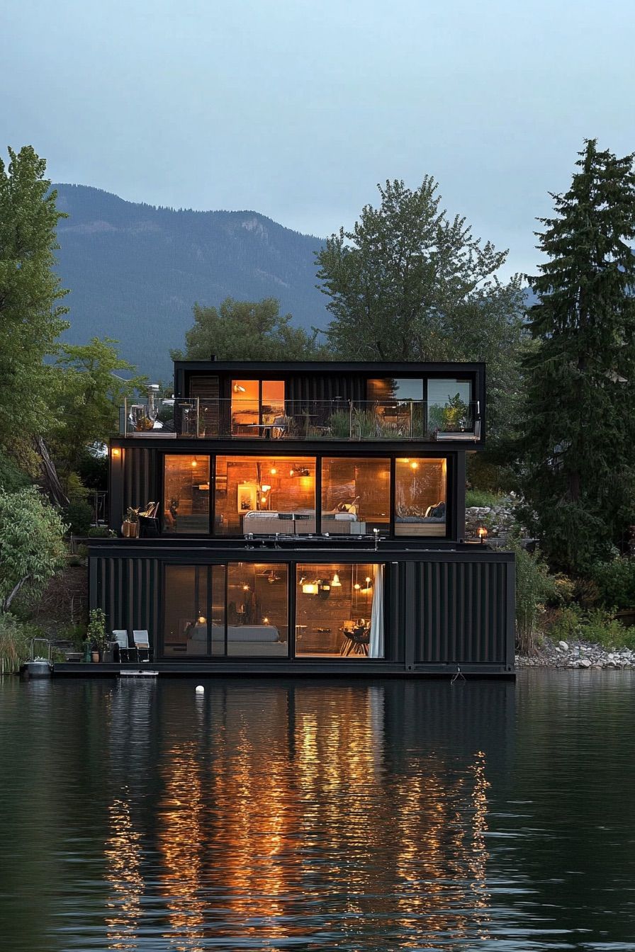 shipping container floating lake cabin 4