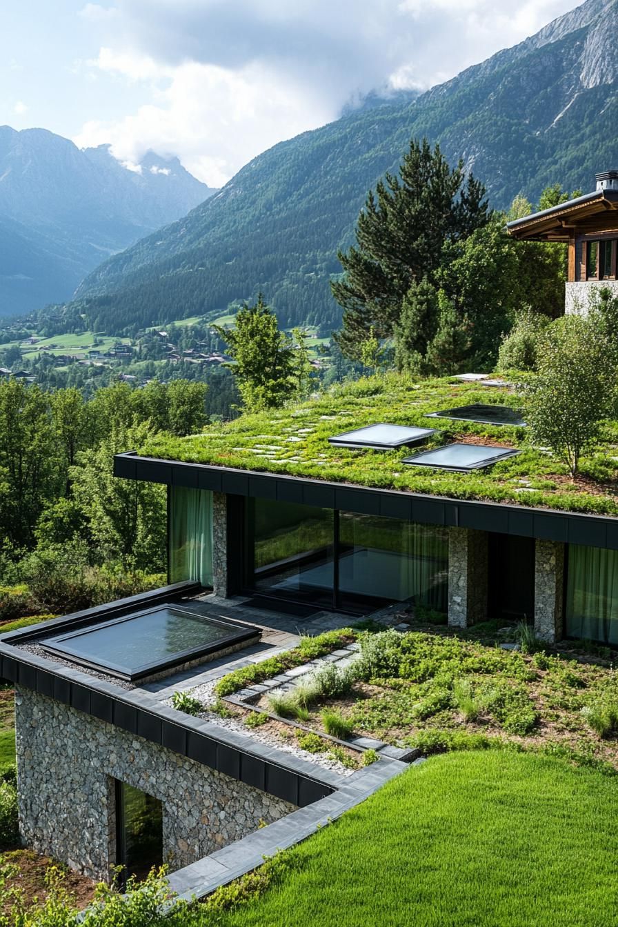 modern mountain villa green roof with skylights