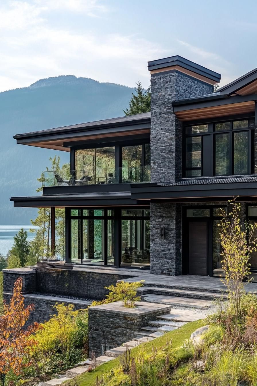 Dark Stone Exterior With Black Steel Beams and a Green Roof