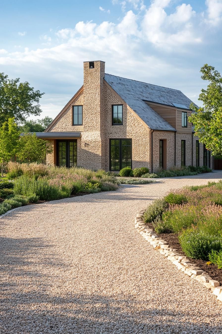 traditional natural brick house with gravel driveway and landscape with shrubs 1