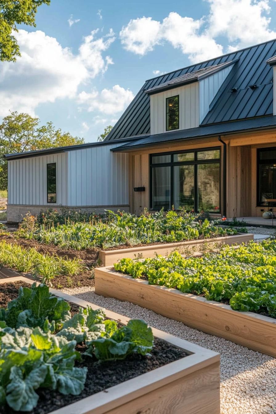 modern farmhouse L shaped house courtyard with vegetable garden